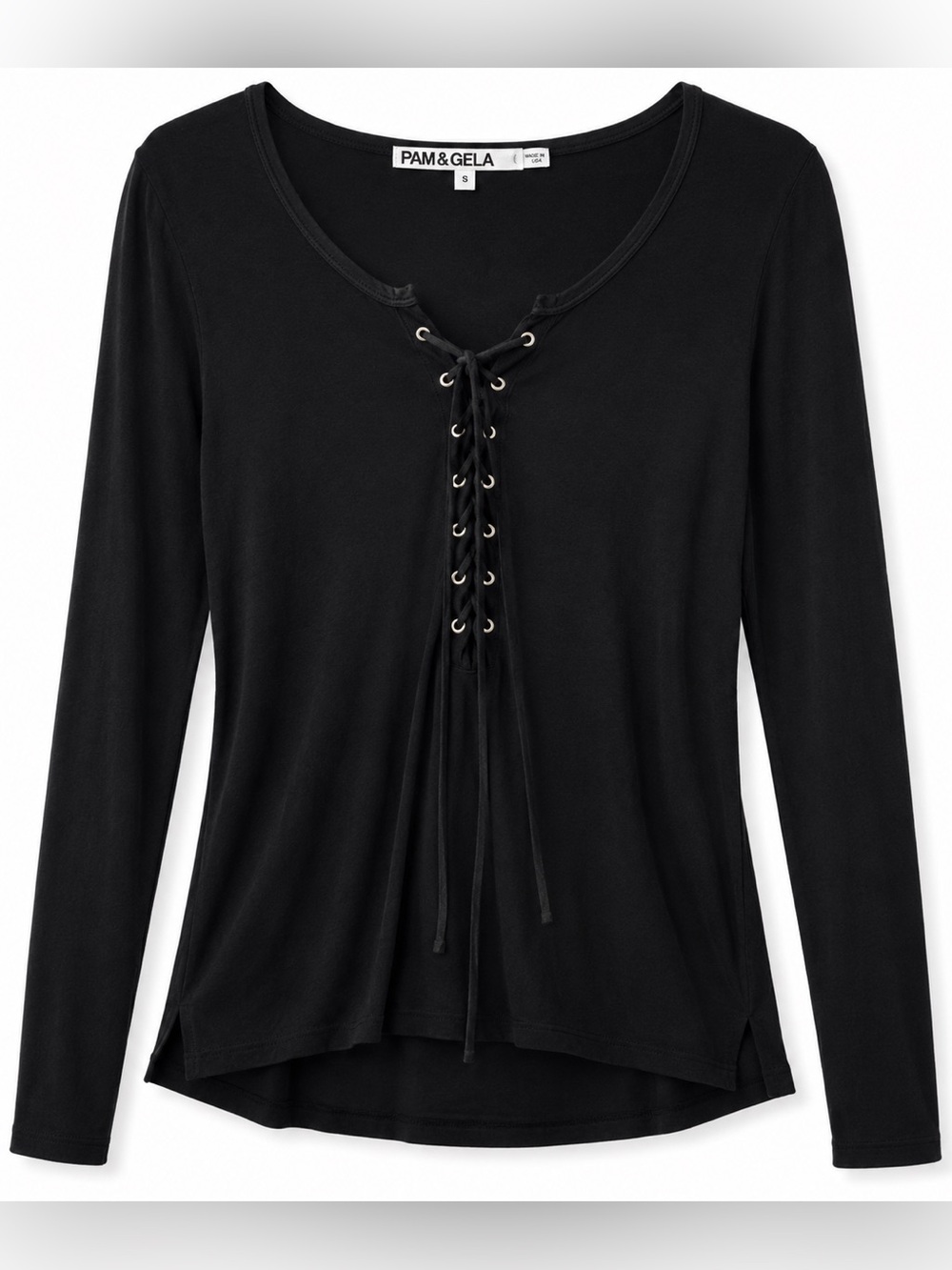 Pam & Gela Black Lace Up Long Sleeve Top S Made USA Y2K Indie Sleaze